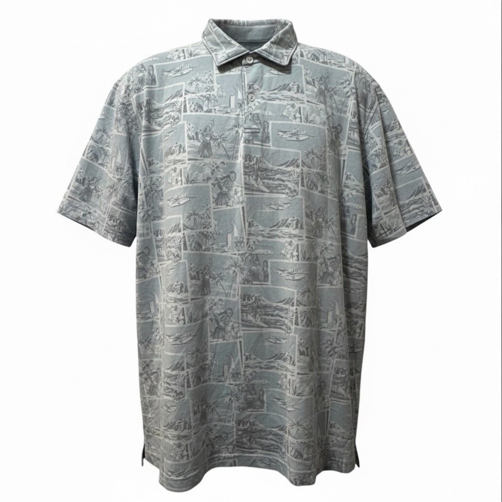 Peter Millar Crown Crafted Mens XL Polo Shirt Blue Scenic Toile Tropical Print